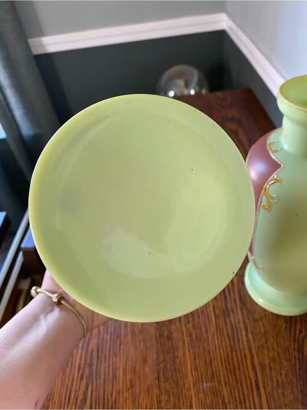 Early 20th Century French Mint Green Art Glass Vases Hand Painted Raised Gilt